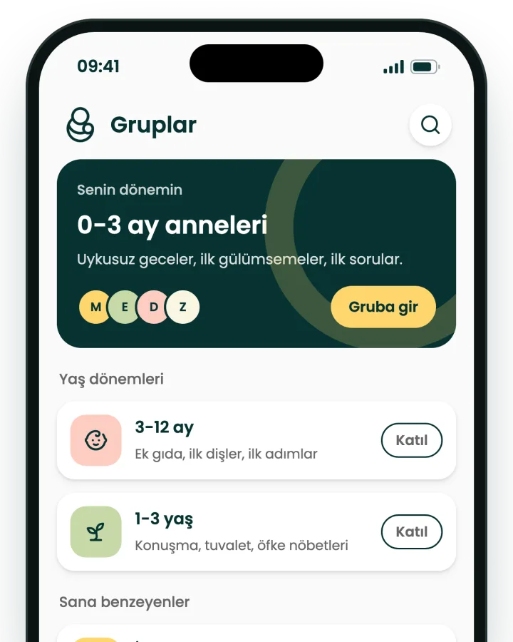 Gruplar ekranı: senin dönemin 0-3 ay anneleri; 3-12 ay, 1-3 yaş, ilk kez anne olanlar