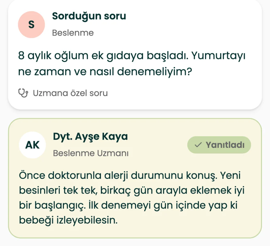 Uzmana sor ekranı: ek gıda sorusuna beslenme uzmanının yanıtı
